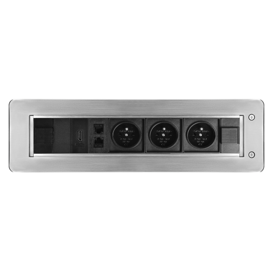 Gniazdo meblowe wpuszczane w blat z płaskim frezowanym rantem oraz elektrycznym otwieraniem, 3x2P+Z,2xNET,1xHDMI