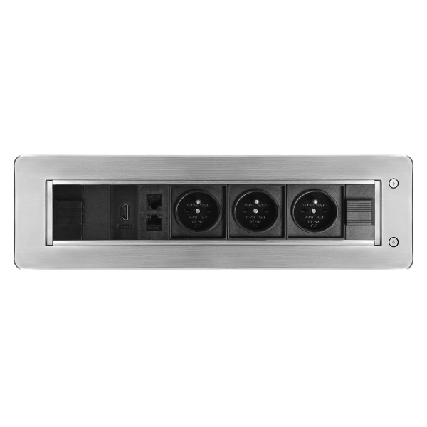 Gniazdo meblowe wpuszczane w blat z płaskim frezowanym rantem oraz elektrycznym otwieraniem, 3x2P+Z,2xNET,1xHDMI
