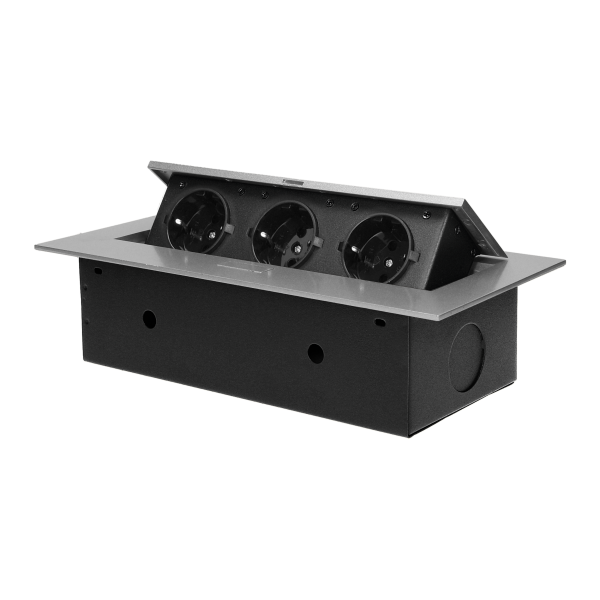 Recessed furniture socket with flat edge, 3x2P+E (Schuko), silver