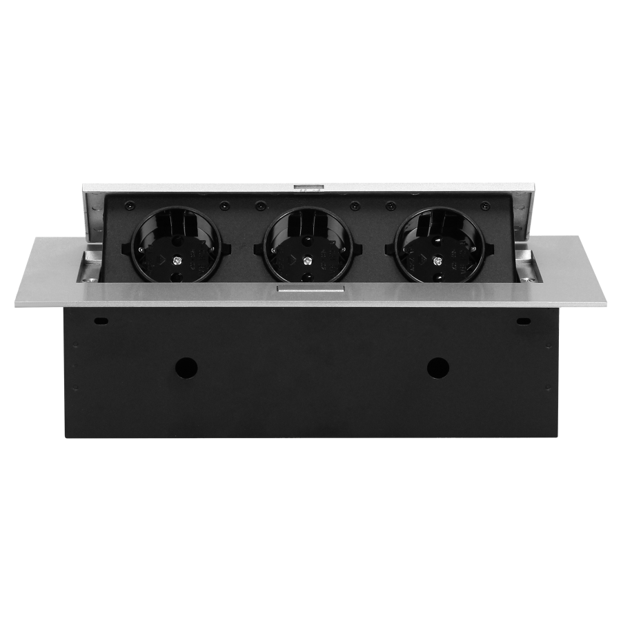 Recessed furniture socket with flat edge, 3x2P+E (Schuko), silver