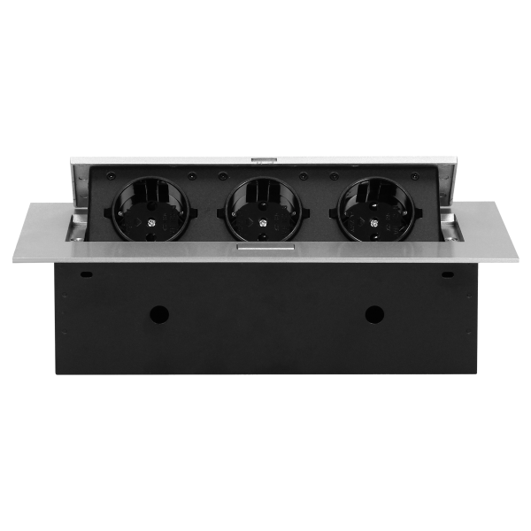 Recessed furniture socket with flat edge, 3x2P+E (Schuko), silver