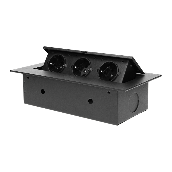 Recessed furniture socket with flat edge, 3x2P+E (Schuko), black