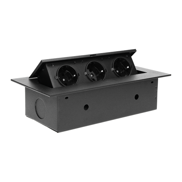 Recessed furniture socket with flat edge, 3x2P+E (Schuko), black