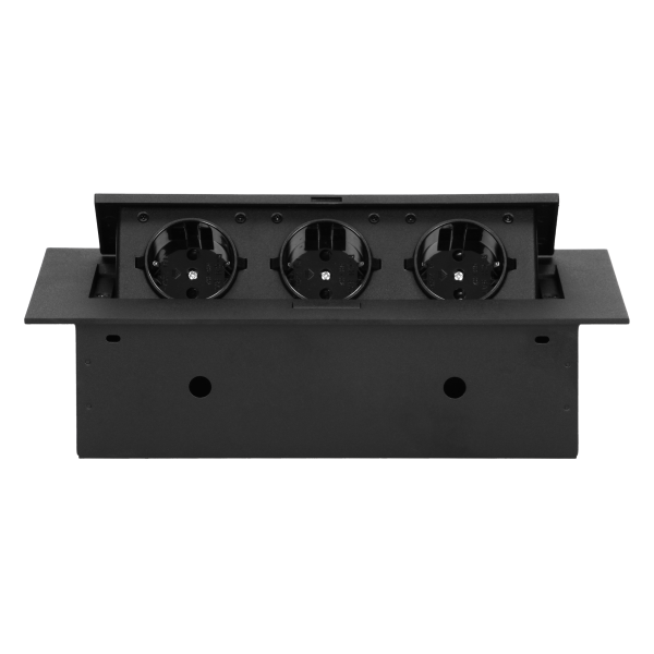 Recessed furniture socket with flat edge, 3x2P+E (Schuko), black