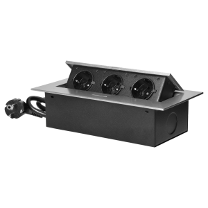 Gniazdo meblowe wpuszczane w blat z płaskim rantem, 3 gniazdami 2P+Z (Schuko) oraz przewodem 1,5m (3x1,5mm²), srebrne