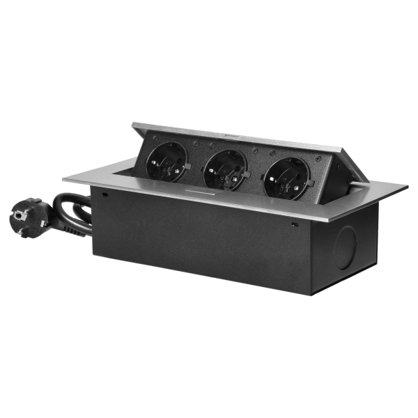 Recessed furniture sockets in housing with flat edge, 1.5m cable (3x1,5mm²), silver, 3x2P+E (Schuko)