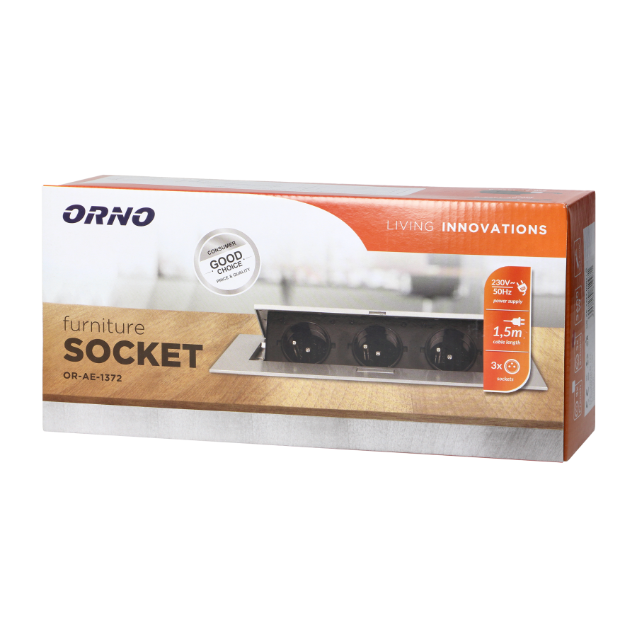 Recessed furniture sockets in housing with flat edge, 1.5m cable (3x1,5mm²), silver, 3x2P+E (Schuko)