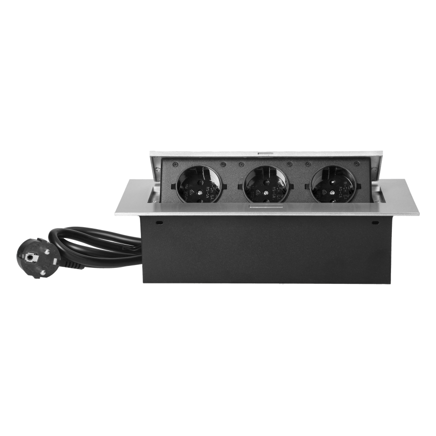 Recessed furniture sockets in housing with flat edge, 1.5m cable (3x1,5mm²), silver, 3x2P+E (Schuko)