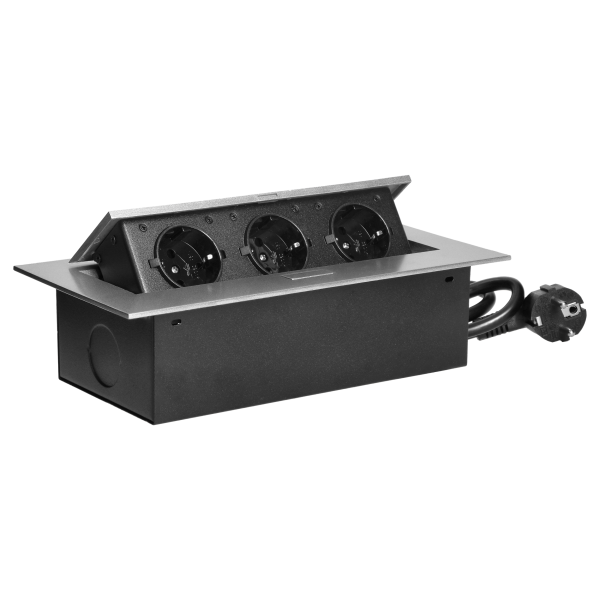 Recessed furniture sockets in housing with flat edge, 1.5m cable (3x1,5mm²), silver, 3x2P+E (Schuko)