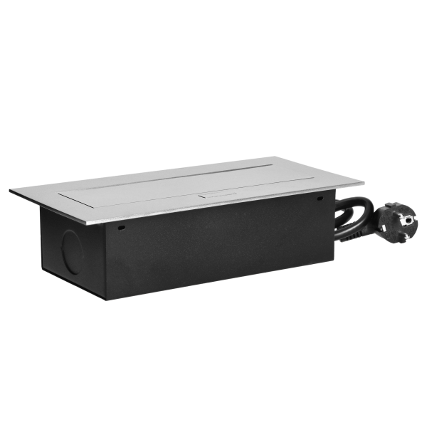 Recessed furniture sockets in housing with flat edge, 1.5m cable (3x1,5mm²), silver, 3x2P+E (Schuko)