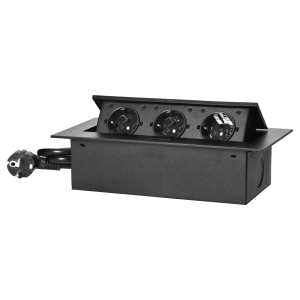 Recessed furniture sockets in housing with flat edge, 1.5m cable (3x1,5mm²), black, 3x2P+E (Schuko)