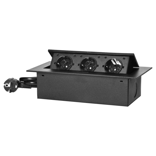 Recessed furniture sockets in housing with flat edge, 1.5m cable (3x1,5mm²), black, 3x2P+E (Schuko)