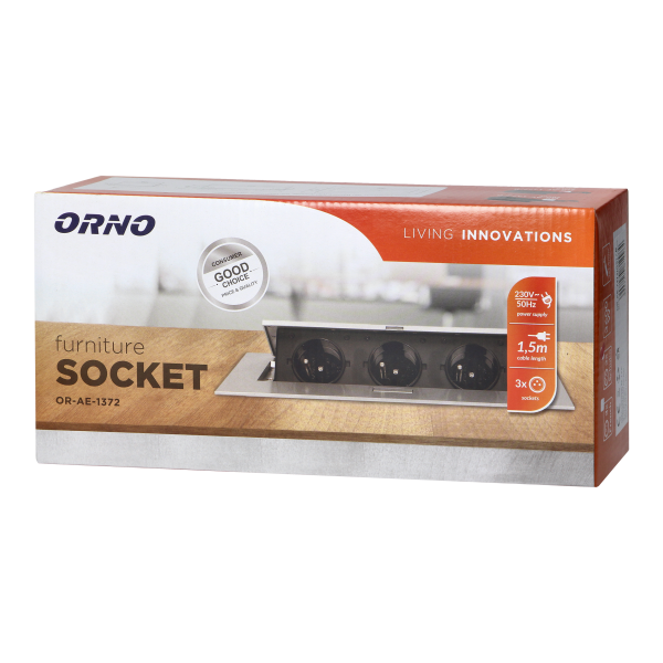 Recessed furniture sockets in housing with flat edge, 1.5m cable (3x1,5mm²), black, 3x2P+E (Schuko)