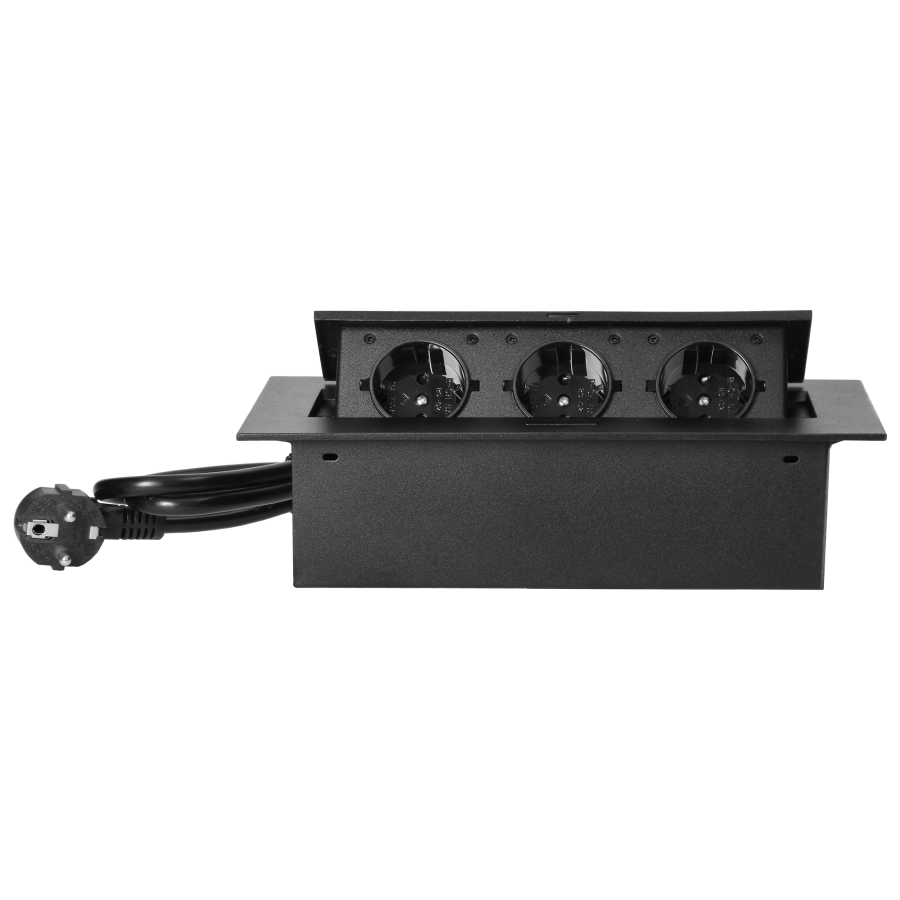 Recessed furniture sockets in housing with flat edge, 1.5m cable (3x1,5mm²), black, 3x2P+E (Schuko)