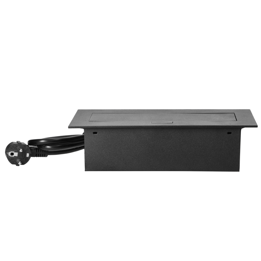 Gniazdo meblowe wpuszczane w blat z płaskim rantem, 3 gniazdami 2P+Z (Schuko) oraz przewodem 1,5m (3x1,5mm²), czarne