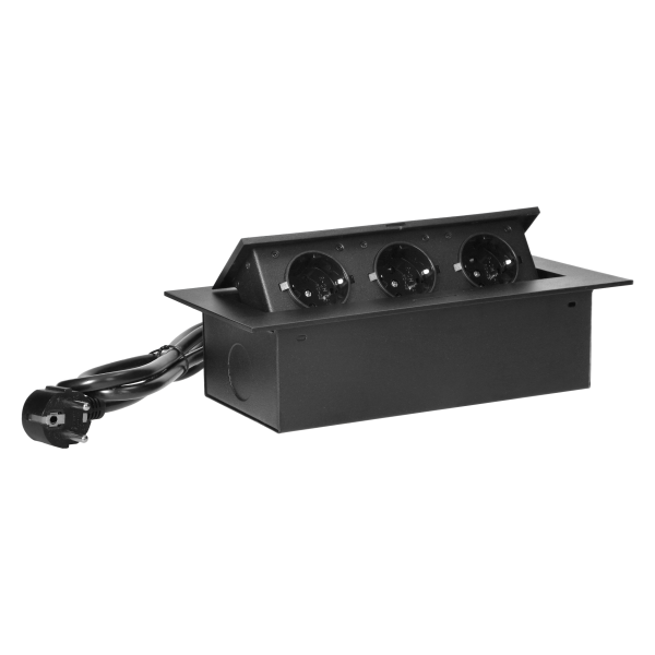 Gniazdo meblowe wpuszczane w blat z płaskim rantem, 3 gniazdami 2P+Z (Schuko) oraz przewodem 1,5m (3x1,5mm²), czarne