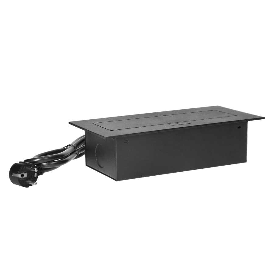 Gniazdo meblowe wpuszczane w blat z płaskim rantem, 3 gniazdami 2P+Z (Schuko) oraz przewodem 1,5m (3x1,5mm²), czarne