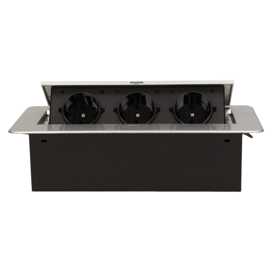 Gniazdo meblowe wpuszczane w blat z płaskim frezowanym rantem, 3x2P+Z, srebrne, wersja schuko