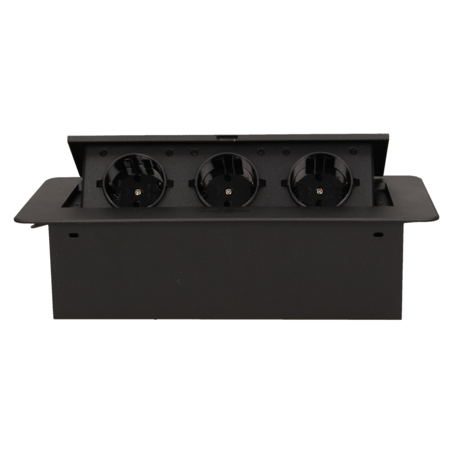 Gniazdo meblowe wpuszczane w blat z płaskim frezowanym rantem, 3x2P+Z, czarne, wersja schuko