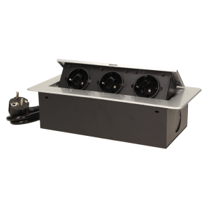 Gniazdo meblowe wpuszczane w blat z płaskim frezowanym rantem i przewodem 1,5m, 3x2P+Z, srebrne, wersja schuko