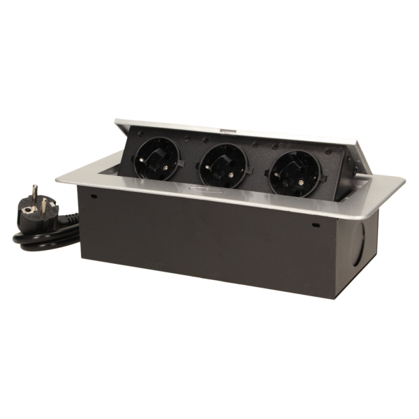 Flush-fitting furniture socket with 1.5m cable, silver, schuko