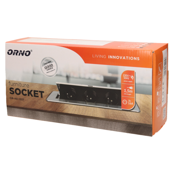 Flush-fitting furniture socket with 1.5m cable, silver, schuko