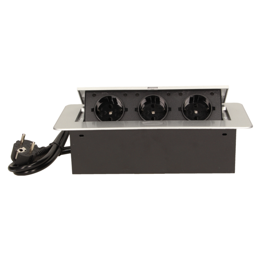 Flush-fitting furniture socket with 1.5m cable, silver, schuko