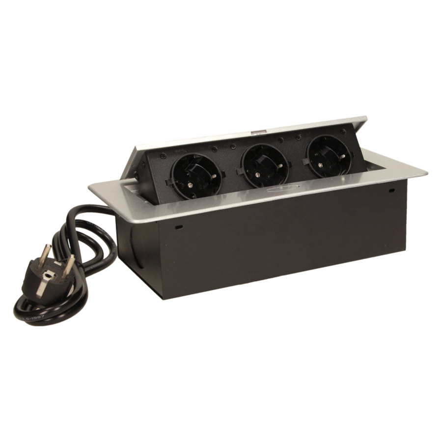 Flush-fitting furniture socket with 1.5m cable, silver, schuko