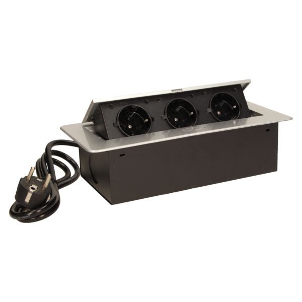 Flush-fitting furniture socket with 1.5m cable, silver, schuko