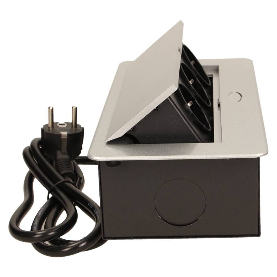 Gniazdo meblowe wpuszczane w blat z płaskim frezowanym rantem i przewodem 1,5m, 3x2P+Z, srebrne, wersja schuko