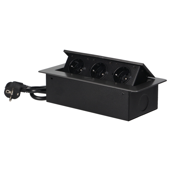 Recessed furniture sockets in a housing with a flat edge and a 1.5 m cable, 3x2P+E (Schuko), graphite