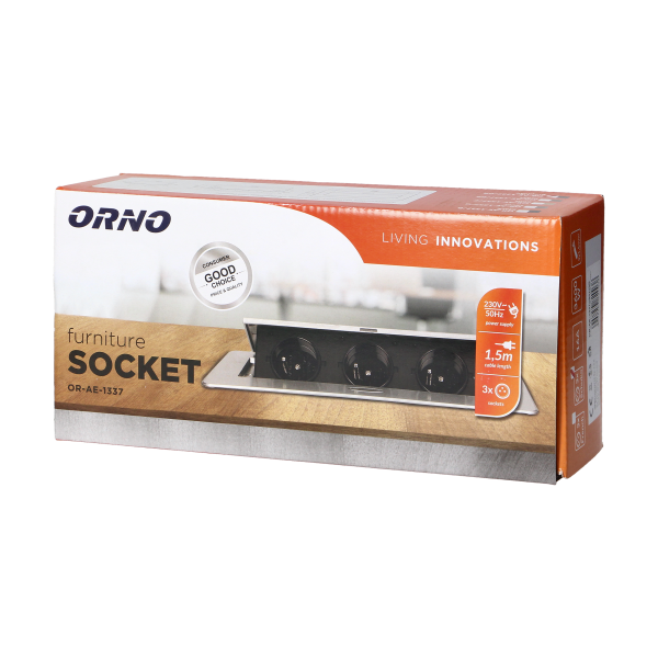 Recessed furniture sockets in a housing with a flat edge and a 1.5 m cable, 3x2P+E (Schuko), graphite