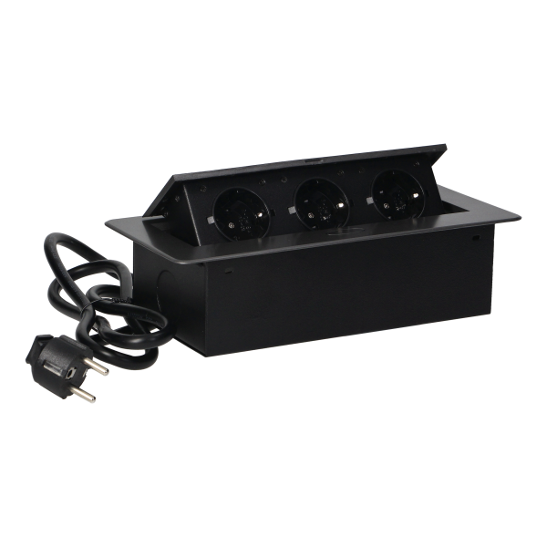 Recessed furniture sockets in a housing with a flat edge and a 1.5 m cable, 3x2P+E (Schuko), graphite