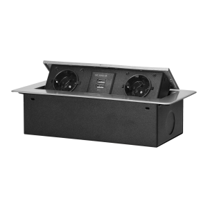 Recessed furniture sockets in a housing with a flat edge and USB charger, 2x2P+E (Schuko), 2xUSB, silver