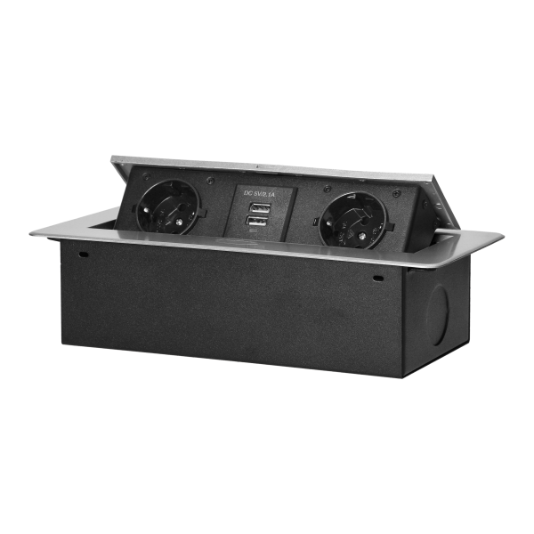 Recessed furniture sockets in a housing with a flat edge and USB charger, 2x2P+E (Schuko), 2xUSB, silver