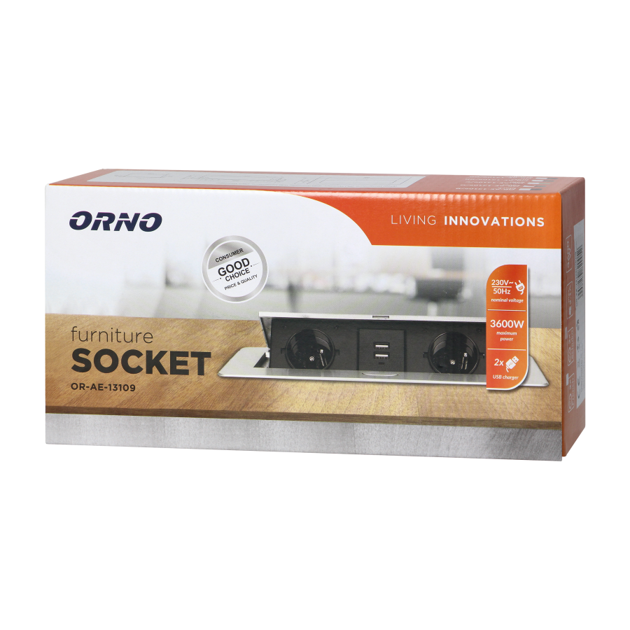 Recessed furniture sockets in a housing with a flat edge and USB charger, 2x2P+E (Schuko), 2xUSB, silver