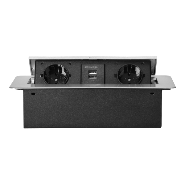 Recessed furniture sockets in a housing with a flat edge and USB charger, 2x2P+E (Schuko), 2xUSB, silver