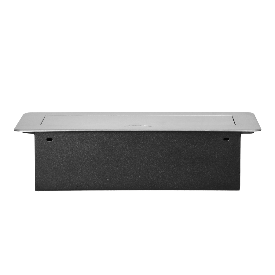 Recessed furniture sockets in a housing with a flat edge and USB charger, 2x2P+E (Schuko), 2xUSB, silver