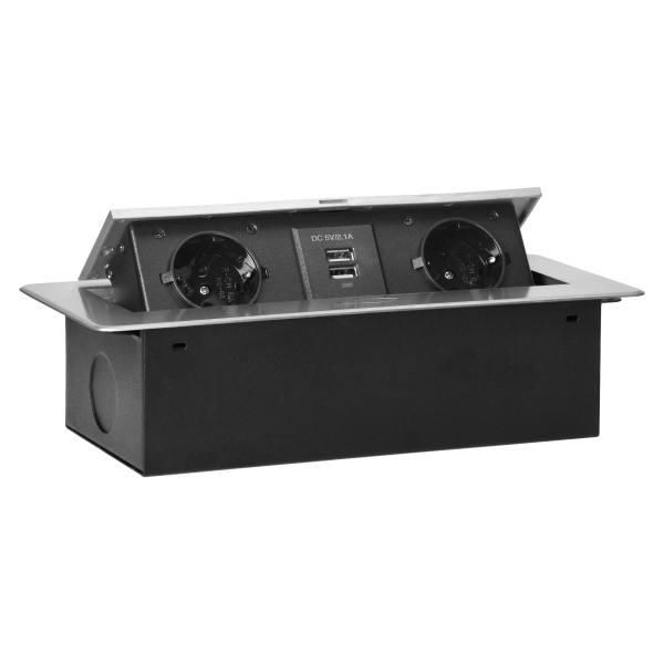 Recessed furniture sockets in a housing with a flat edge and USB charger, 2x2P+E (Schuko), 2xUSB, silver