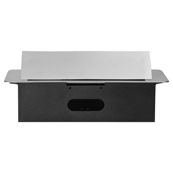 Gniazda meblowe wpuszczane w blat z płaskim frezowanym rantem i ładowarką USB, 2x2P+Z (Schuko), 2xUSB, srebrny