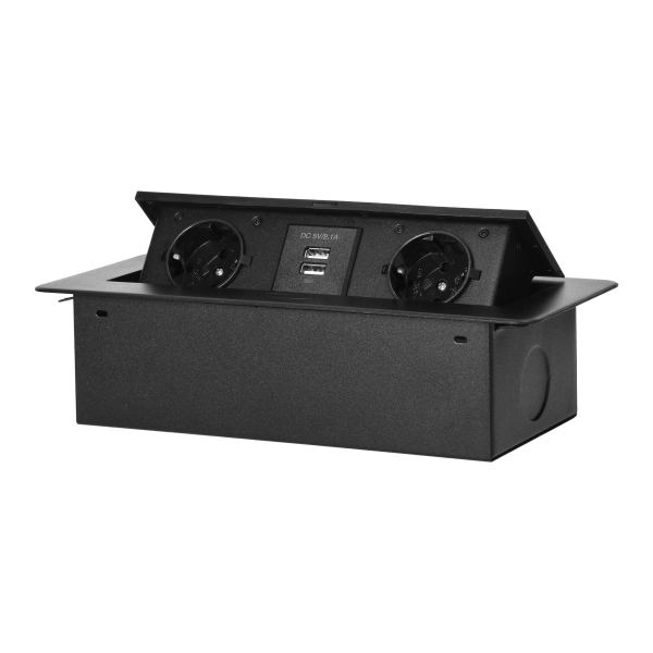 Gniazda meblowe wpuszczane w blat z płaskim frezowanym rantem i ładowarką USB, 2x2P+Z (Schuko), 2xUSB, czarny