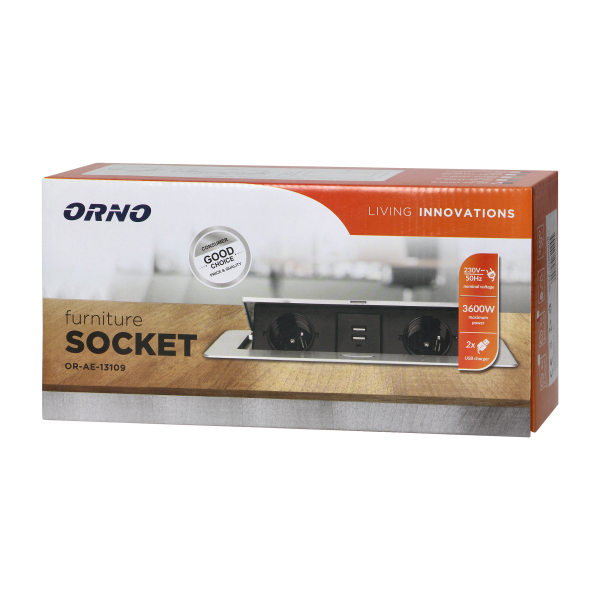 Gniazda meblowe wpuszczane w blat z płaskim frezowanym rantem i ładowarką USB, 2x2P+Z (Schuko), 2xUSB, czarny