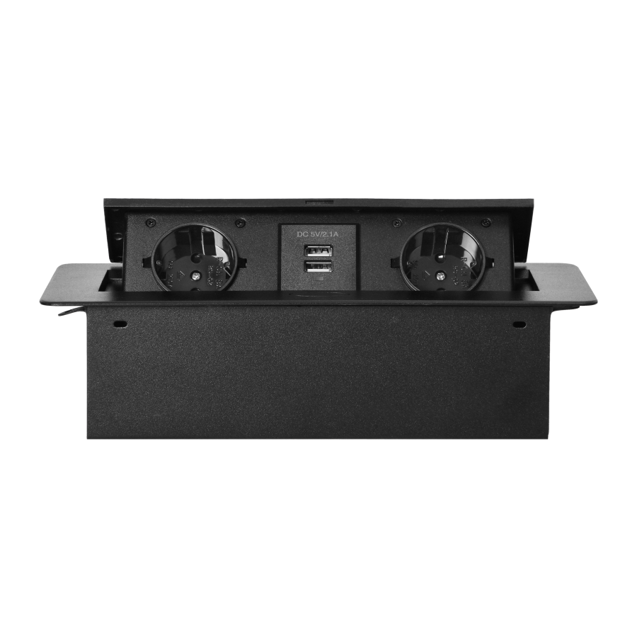 Recessed furniture sockets in a housing with a flat edge and USB charger, 2x2P+E (Schuko), 2xUSB, black