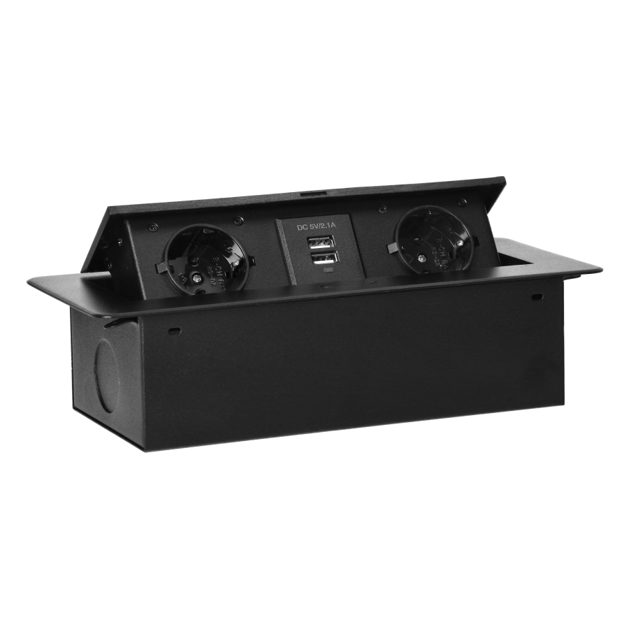 Recessed furniture sockets in a housing with a flat edge and USB charger, 2x2P+E (Schuko), 2xUSB, black