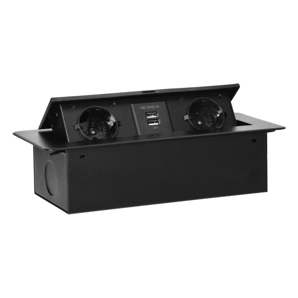Recessed furniture sockets in a housing with a flat edge and USB charger, 2x2P+E (Schuko), 2xUSB, black