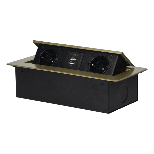 Recessed furniture sockets in a housing with a flat edge and USB charger, 2x2P+E (Schuko), 2xUSB, brass color