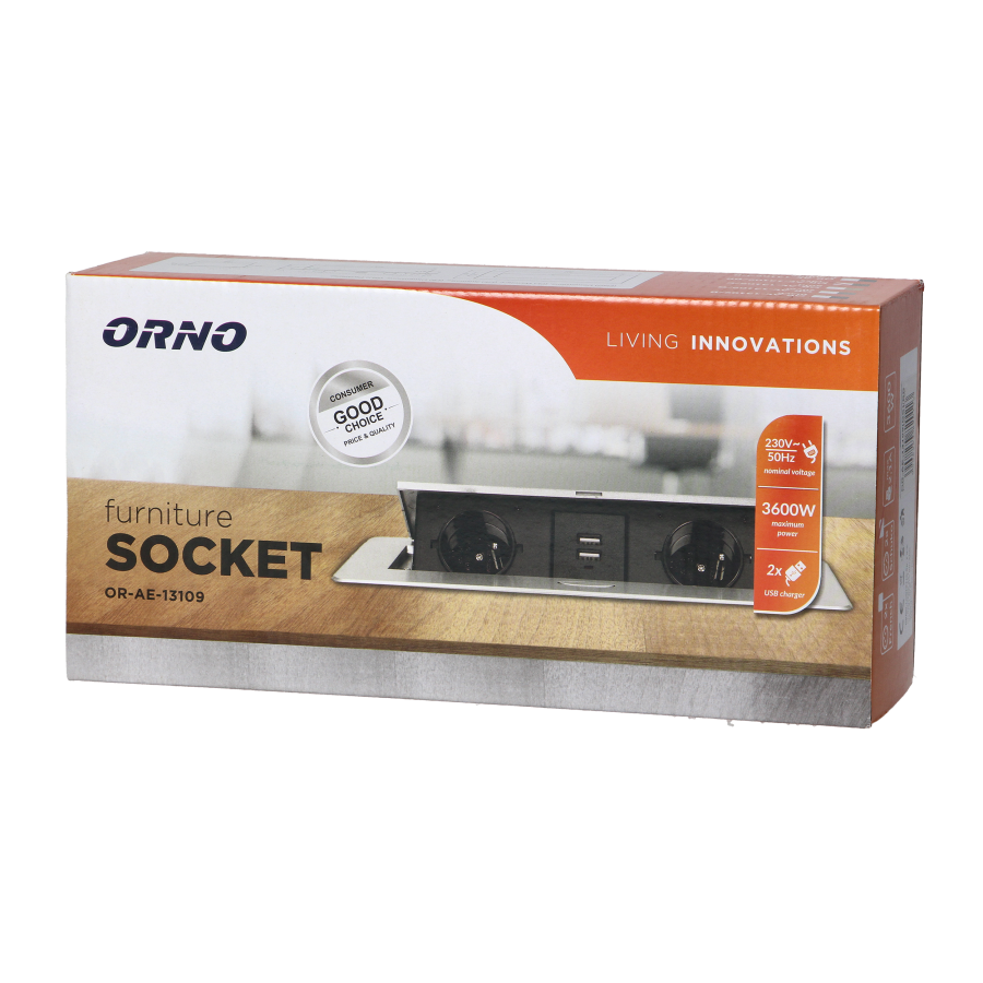 Gniazda meblowe wpuszczane w blat z płaskim frezowanym rantem i ładowarką USB, 2x2P+Z (Schuko), 2xUSB, mosiądz