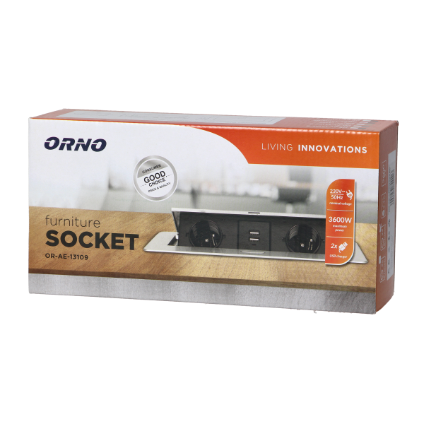 Gniazda meblowe wpuszczane w blat z płaskim frezowanym rantem i ładowarką USB, 2x2P+Z (Schuko), 2xUSB, mosiądz