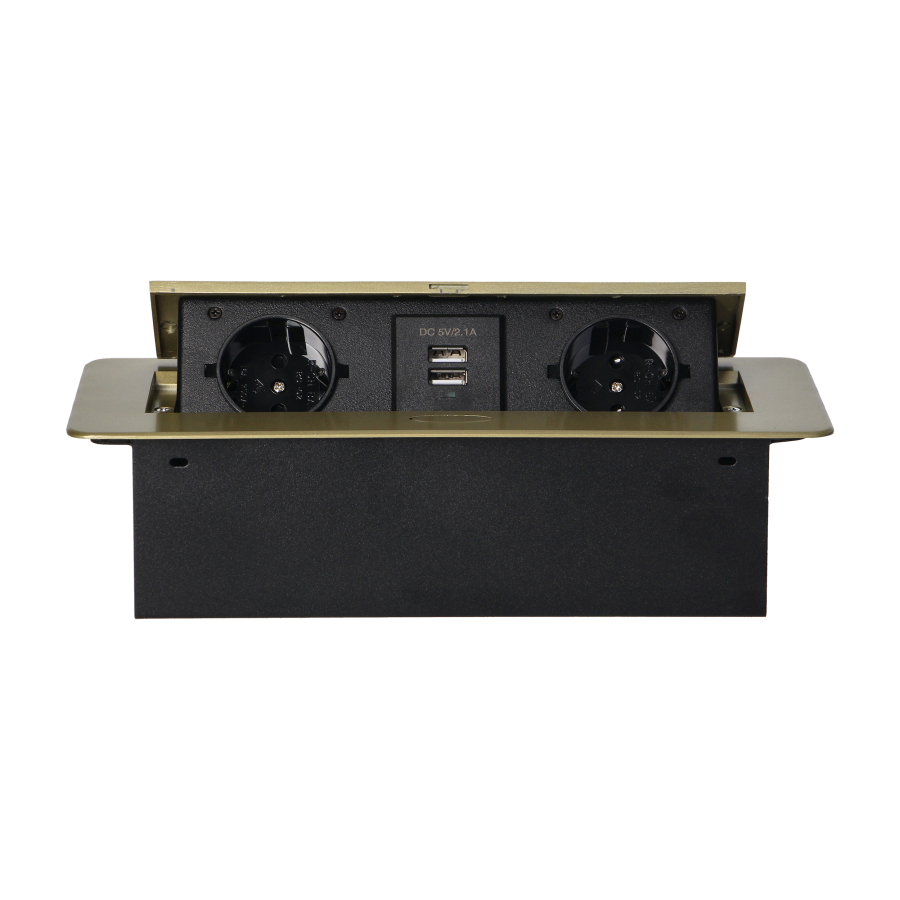 Recessed furniture sockets in a housing with a flat edge and USB charger, 2x2P+E (Schuko), 2xUSB, brass color