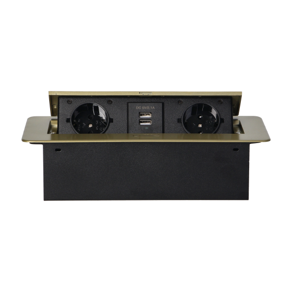 Recessed furniture sockets in a housing with a flat edge and USB charger, 2x2P+E (Schuko), 2xUSB, brass color